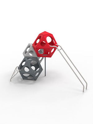 Rendered combination of plastic colourful playcubes which create playful play units for playgrounds with experiences like climbing, sliding and balancing.